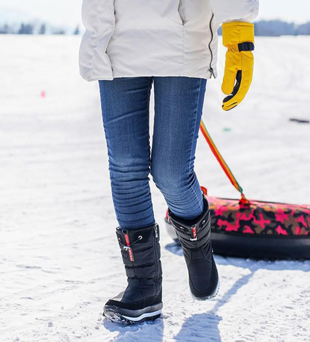 Ulalaza Women's Winter Snow Boots Warm Round Toe Mid Calf Outdoor Boot Anti-Slip Low Heels Walking Booties Lightweight Hiking Flat Furry Waterproof Ankle Shoes