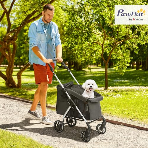 PawHut Hundewagen leicht Hundebuggy aus Aluminium klappbar für Hunde & Katzen Katzenbuggy mit Kissen Netzfenstern Türen Aufbewahrungskorb Katzenwagen Mini-Hundewagen für kleine Hunde Grau