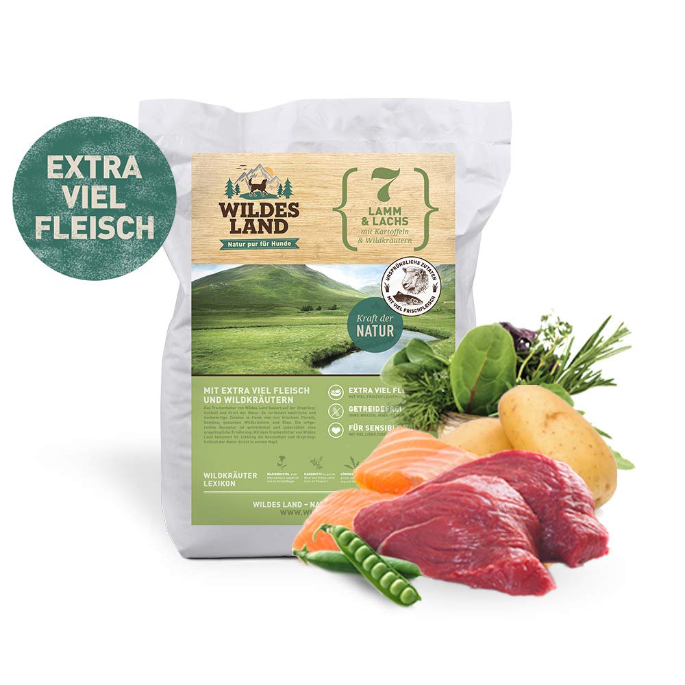 WILDES LAND – Lamm & Lachs | Trockenfutter mit extra hohem Fleischanteil und natürlichen Zutaten für ausgewachsene Hunde. Alleinfutter ohne Zusatzstoffe im Beutel | 12kg Lamm & Lachs