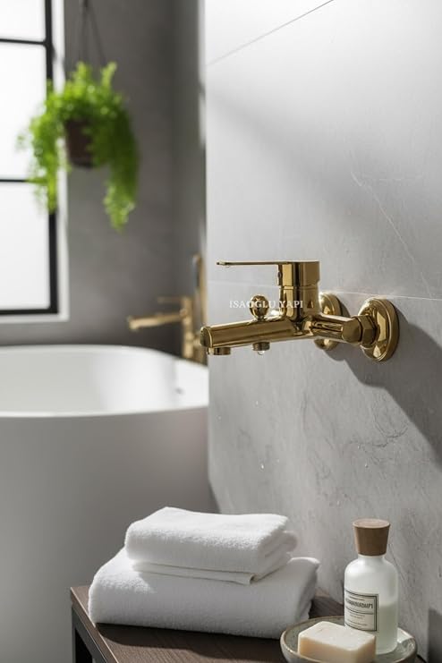 İSAOĞLU YAPI Gold Duş Başlığı ve Banyo Bataryası Seti, Paslanmaz Pirinç, Altın, Sürgülü Duş Sistemi