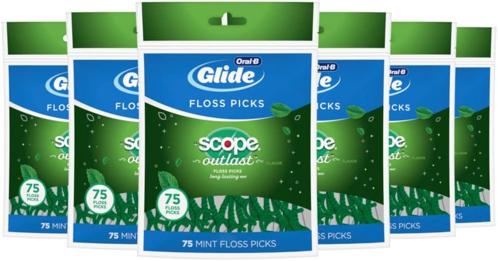 Oral-B Complete Glide Dental Floss Picks Plus Scope Outlast, Long Lasting Mint, 75 Dental Floss Picks, Pack of 6