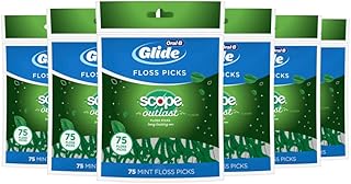 Oral-B Complete Glide Dental Floss Picks Plus Scope Outlast, Long Lasting Mint, 75 Dental Floss Picks, Pack of 6 (Packaging may vary)