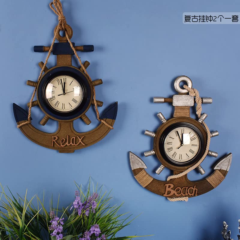 Horloge Murale Nautique Décorative - Roue De Navire Et Ancre - 33 X 28 Cm (13 X 11 Pouces) - Style Marin