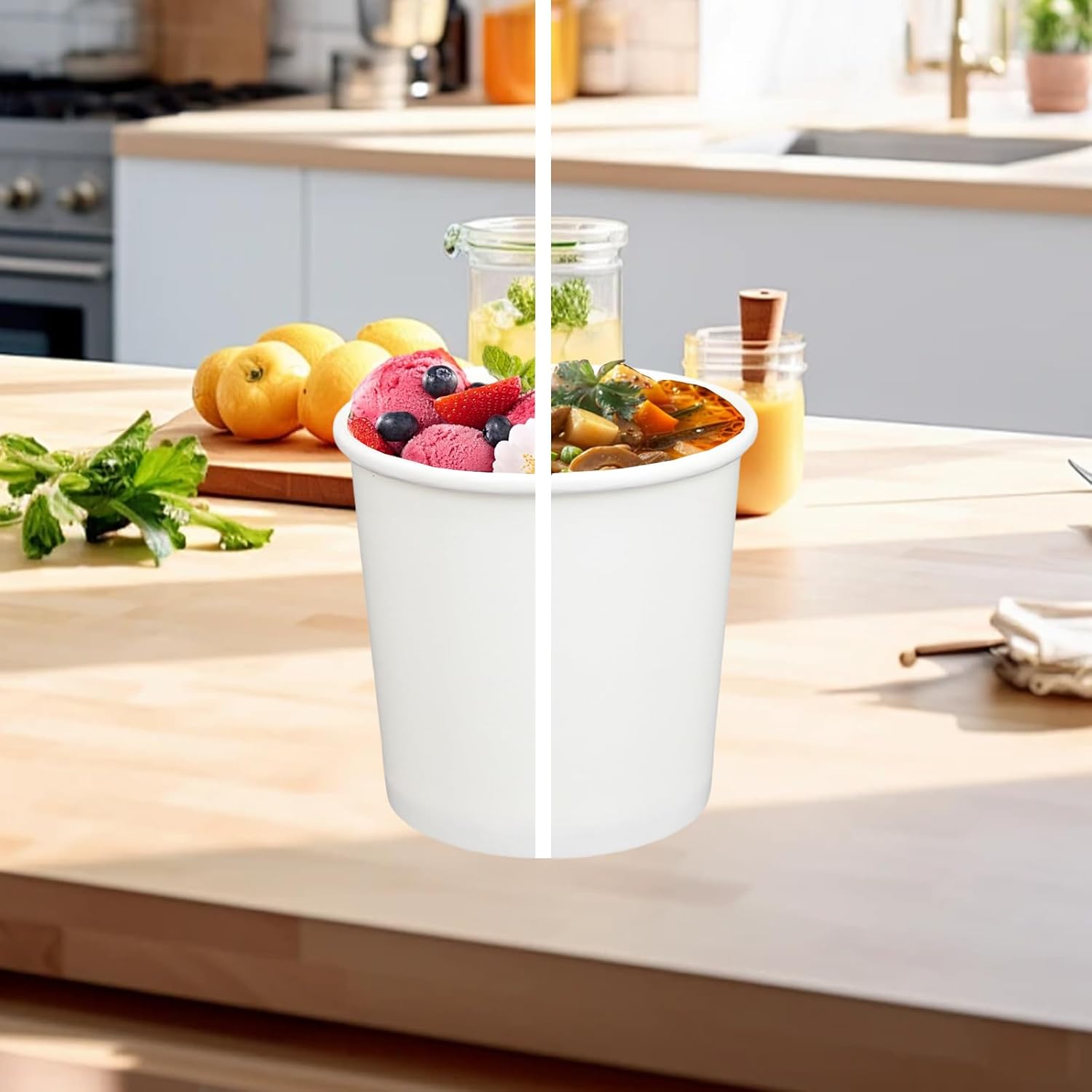 Condition photo showing New/Like New for 80 pack disposable paper bowls with lids, 16 oz heavy duty paper soup bowls, white kraft food container, hotcold to go cup for snack, ice cream, yogurt