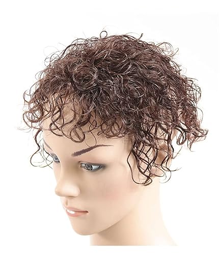 Miniatura 4 de Extensiones de cabello humano real con clip con flequillo, 6 x 7 pulgadas, rizado tipo tupé, peluca para mujeres con cabello delgado, 7 pulgadas,