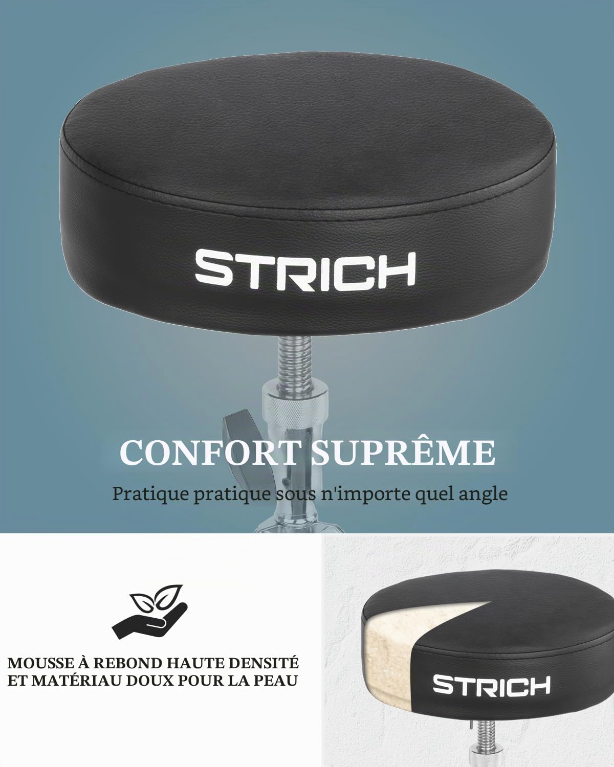 STRICH SDB-20 Siège de trône de batterie rembourré réglable en hauteur pour guitare avec baguettes 5 A