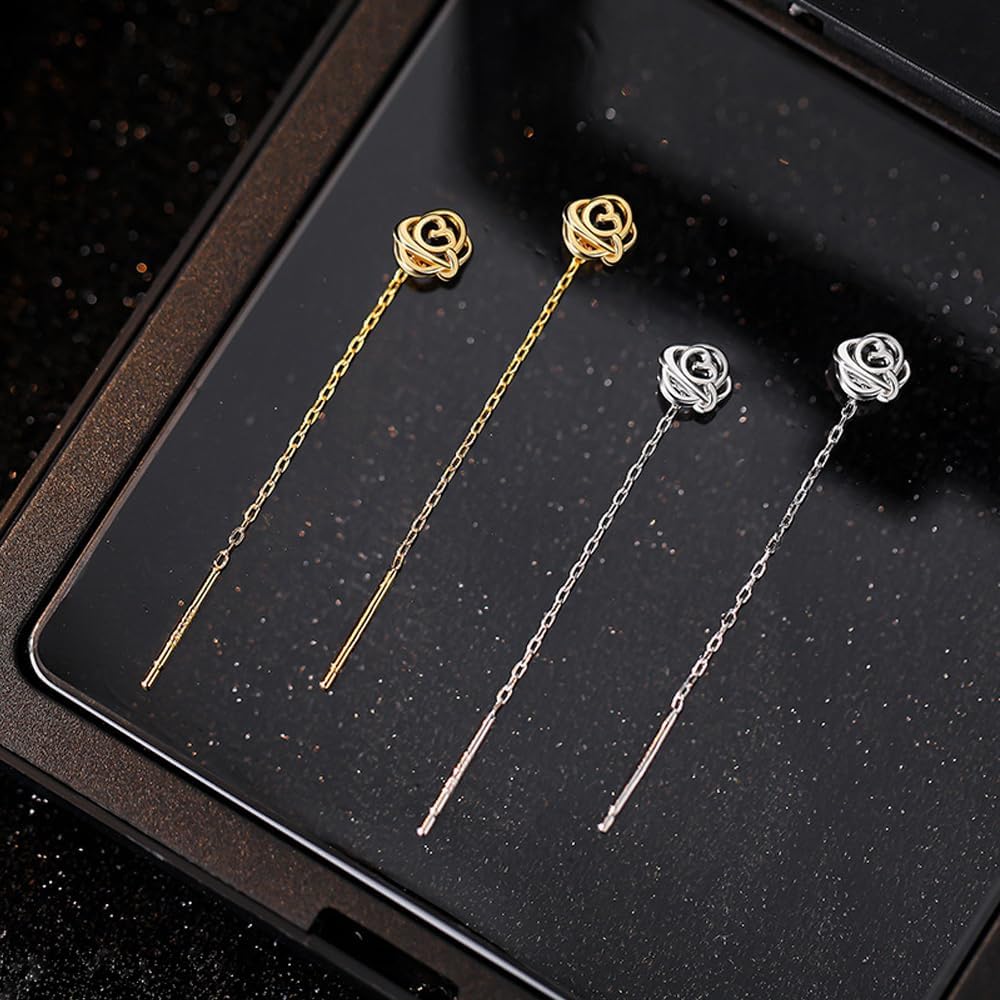 Solid 925 Sterling Silver Rose Flower Dangle Chain Earrings Drops for Women Teens Small Flower Dangle Earrings Tassel Threader Hypoallergenic - Image 6