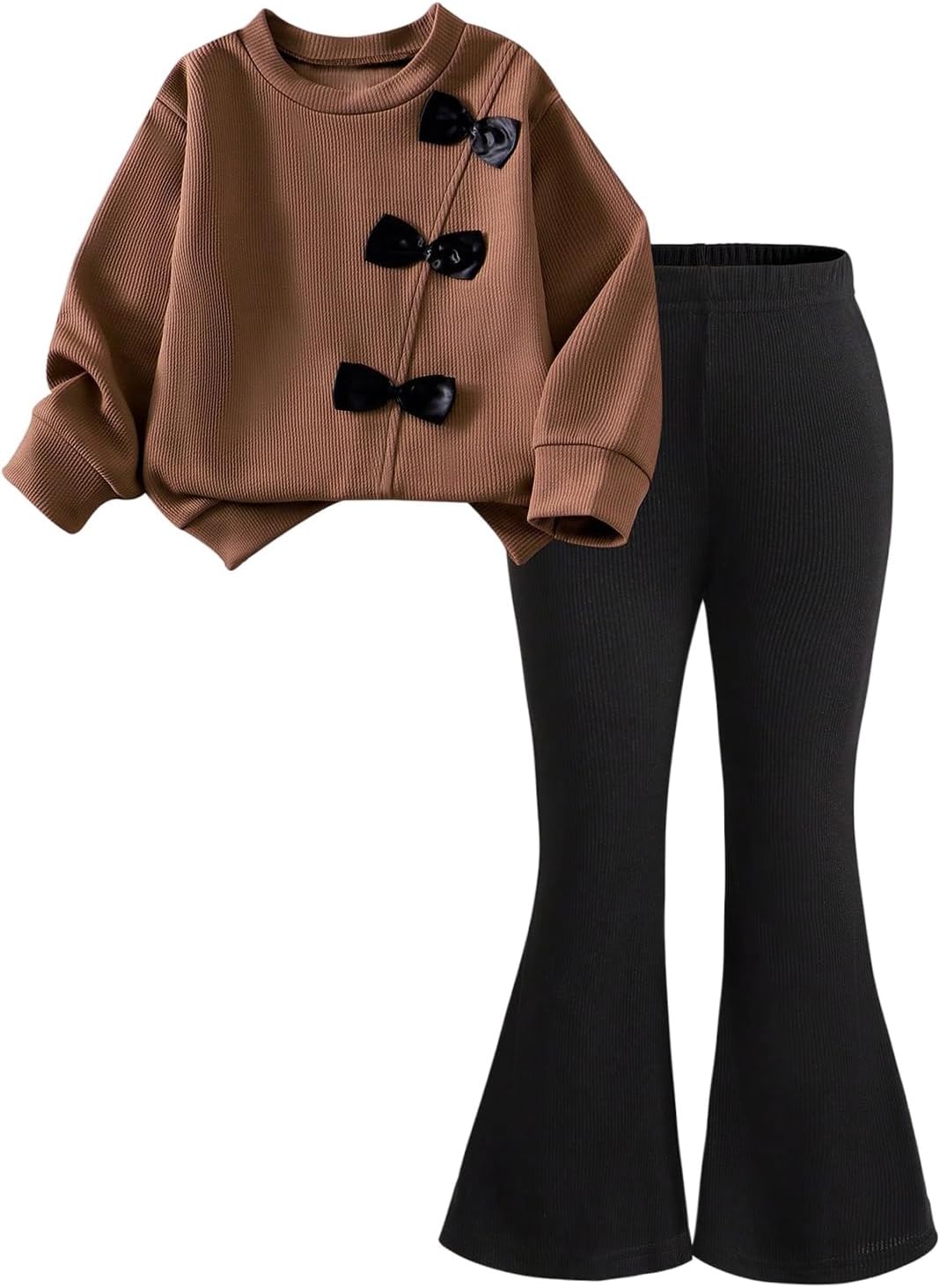 WDIRARA Girl's 2 Piece Outfits Long Sleeve Bow Sweatshirt Flare Pants Set