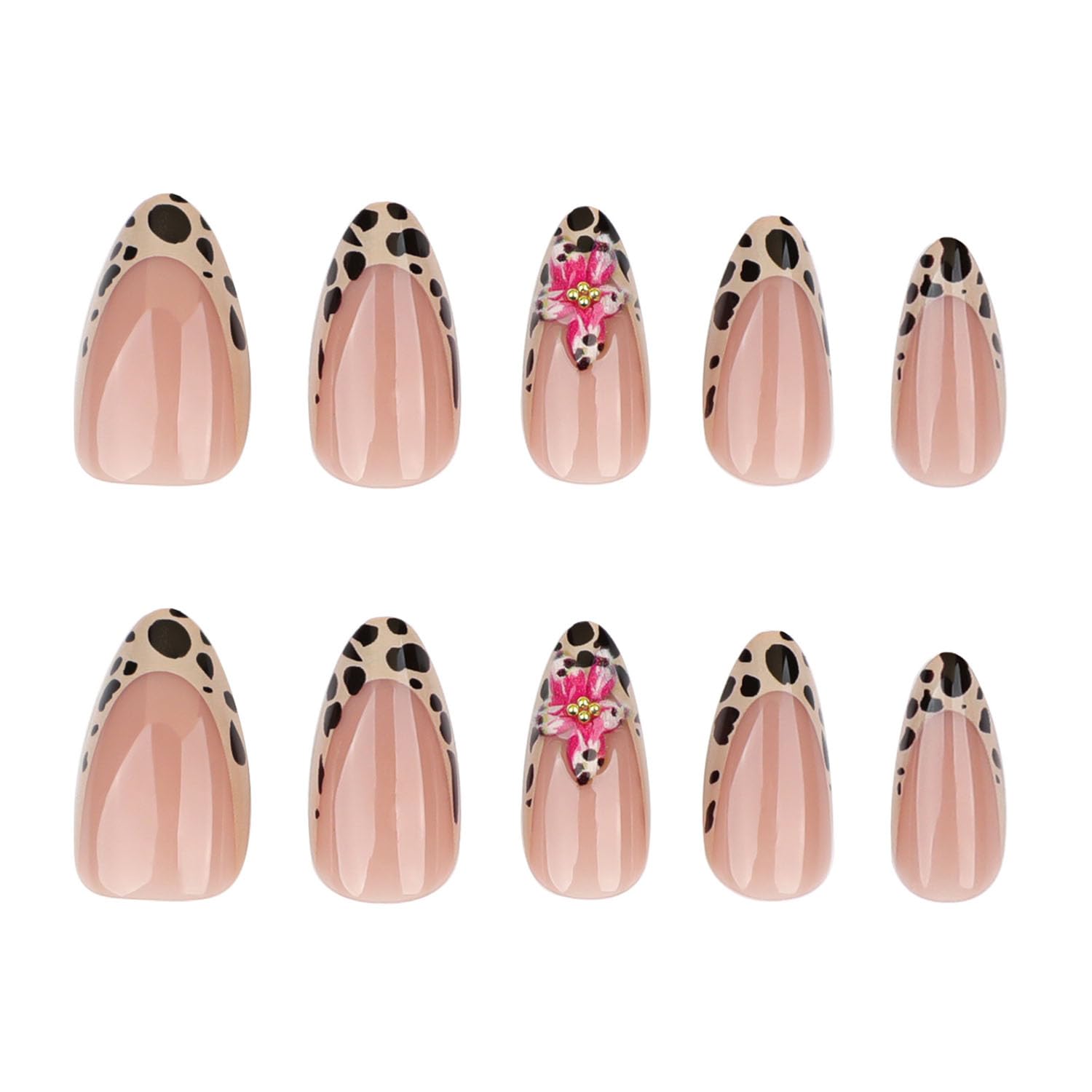 Press on Nails Almond Short Fake Nails with French Designs Brown Translucent Artificial Nail Flowers Glue on Nails Spring False Nail for Women 24 Pcs