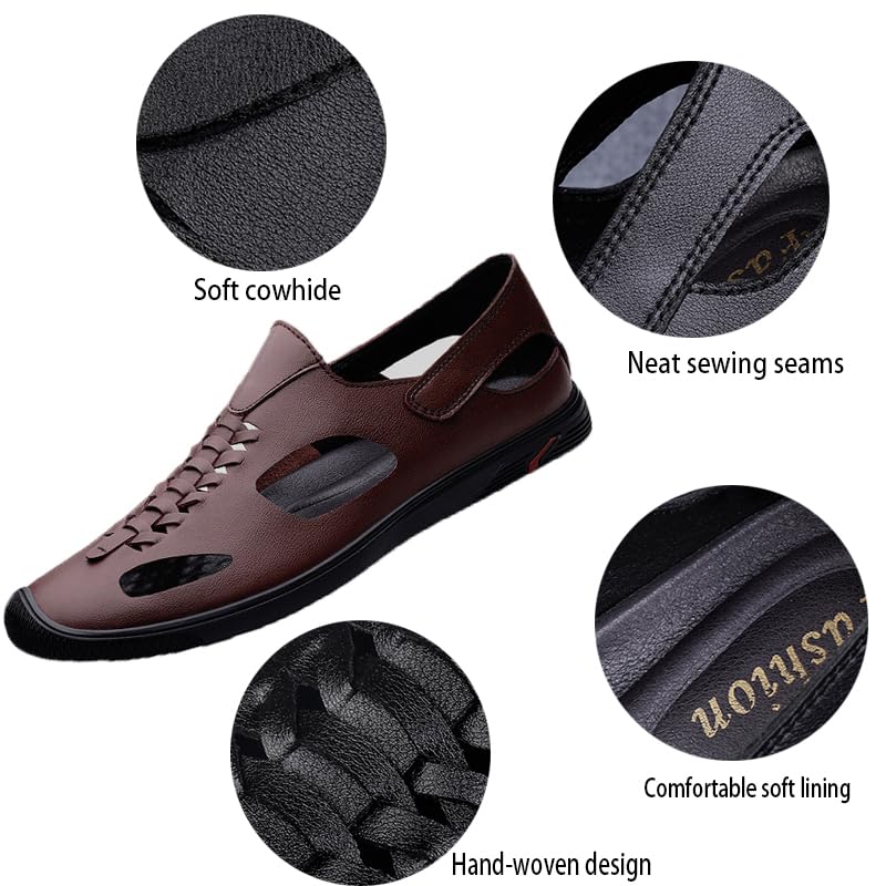 Men's Hollow Genuine Leather Flat Fisherman Sandals Casual Summer Breathable Closed Toe Slip Ons Driving Beach Walking Water Hiking Sandals4