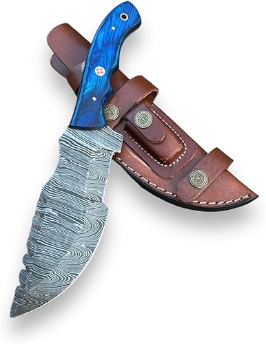 Cuchillo de caza hecho a mano de acero Damasco con funda de cuero genuino Cuchillo EDC de 10 pulgadas para hombres Cuchillo de hoja fija para