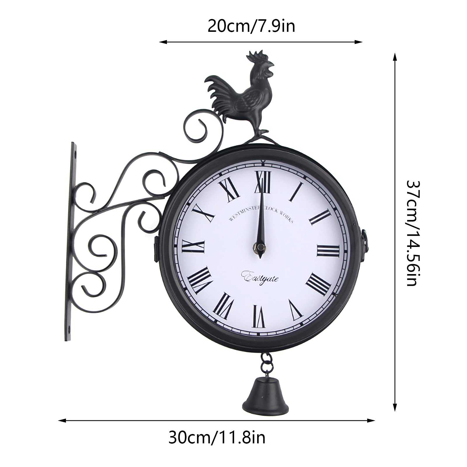 Horloge murale de gare double face antique - Cadran de 20 cm - Batterie rétro - Revêtement imperméable noir - En métal - Pour gare, couloir ou jardin