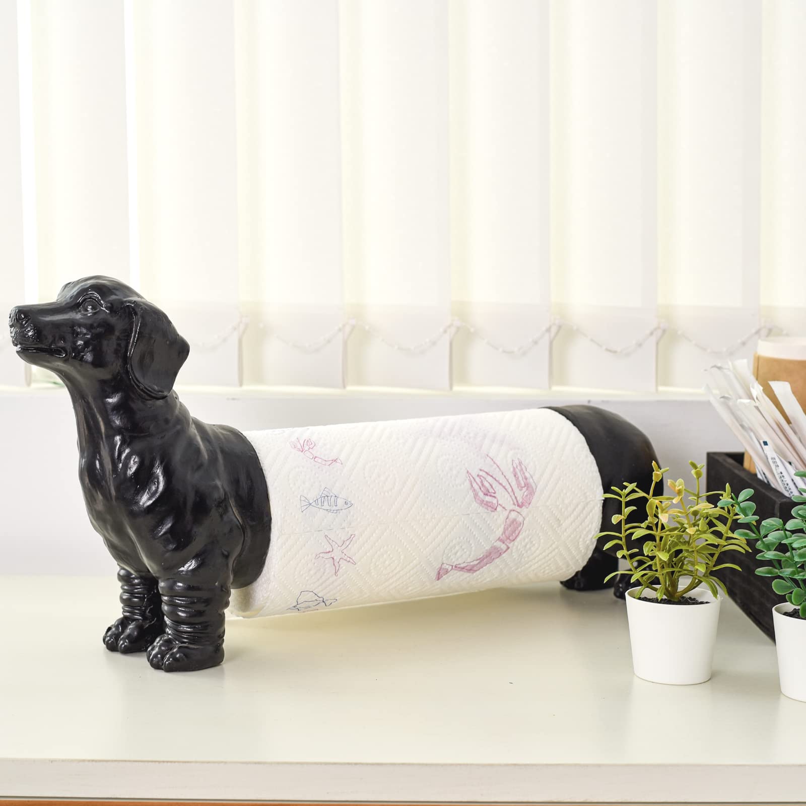 Dackel Hund Papierhandtuchhalter für Küche, freistehende Arbeitsplatte Küche Papierhandtuchhalter, Vintage Tier Tissue Handtuchständer, schwarz