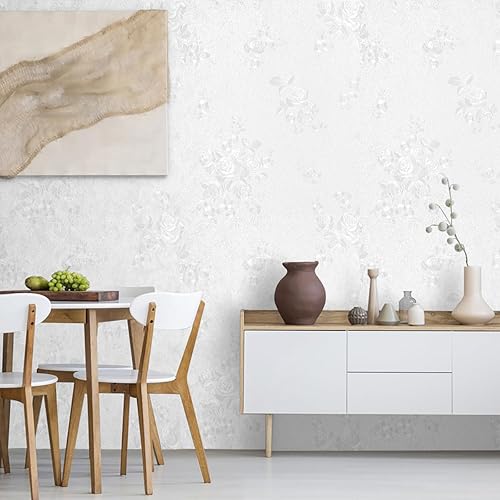 Miniatura 3 de Erfoni Papel tapiz blanco en relieve para despegar y pegar, papel de contacto floral texturizado de 17.7 x 78.7 pulgadas, papel tapiz autoadhesivo