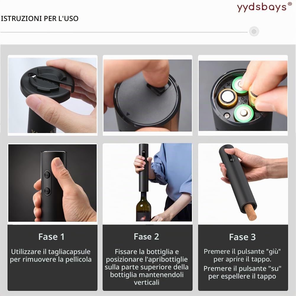 Cavatappi Elettrico Automatico Professionale per Vino (Nero, con Taglia Capsule)