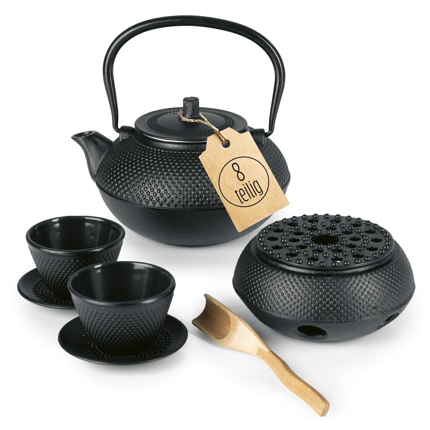 Lumaland Tee Set 8-teilig | 1,4 Liter Gusseiserne Teekanne Tetsubin | Stövchen aus Gusseisen | 2 Teebecher & 2 Untersetzer | Japanisches Teeset Inkl. Bambus Dosierlöffel & Edelstahl Sieb