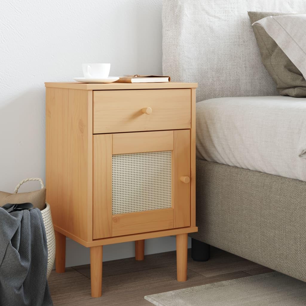 Comodino SENJA Aspetto Rattan Marrone 40x35x65 cm in Legno Pino Elegante Mobiletto Notte in Rattan Look per Camera Letto con Cassetto Salva Spazio