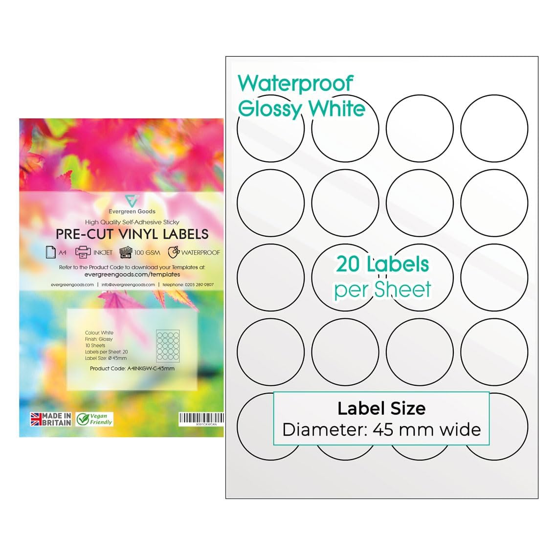 Evergreen Goods A4 Round Precut Sticker Labels - Waterproof Glossy White | 45mm (20 Labels per Sheet, 200 in Total) 10 Sheets | Inkjet Laser Printable Sticky-Back Self Adhesive Circular Circle Vinyl