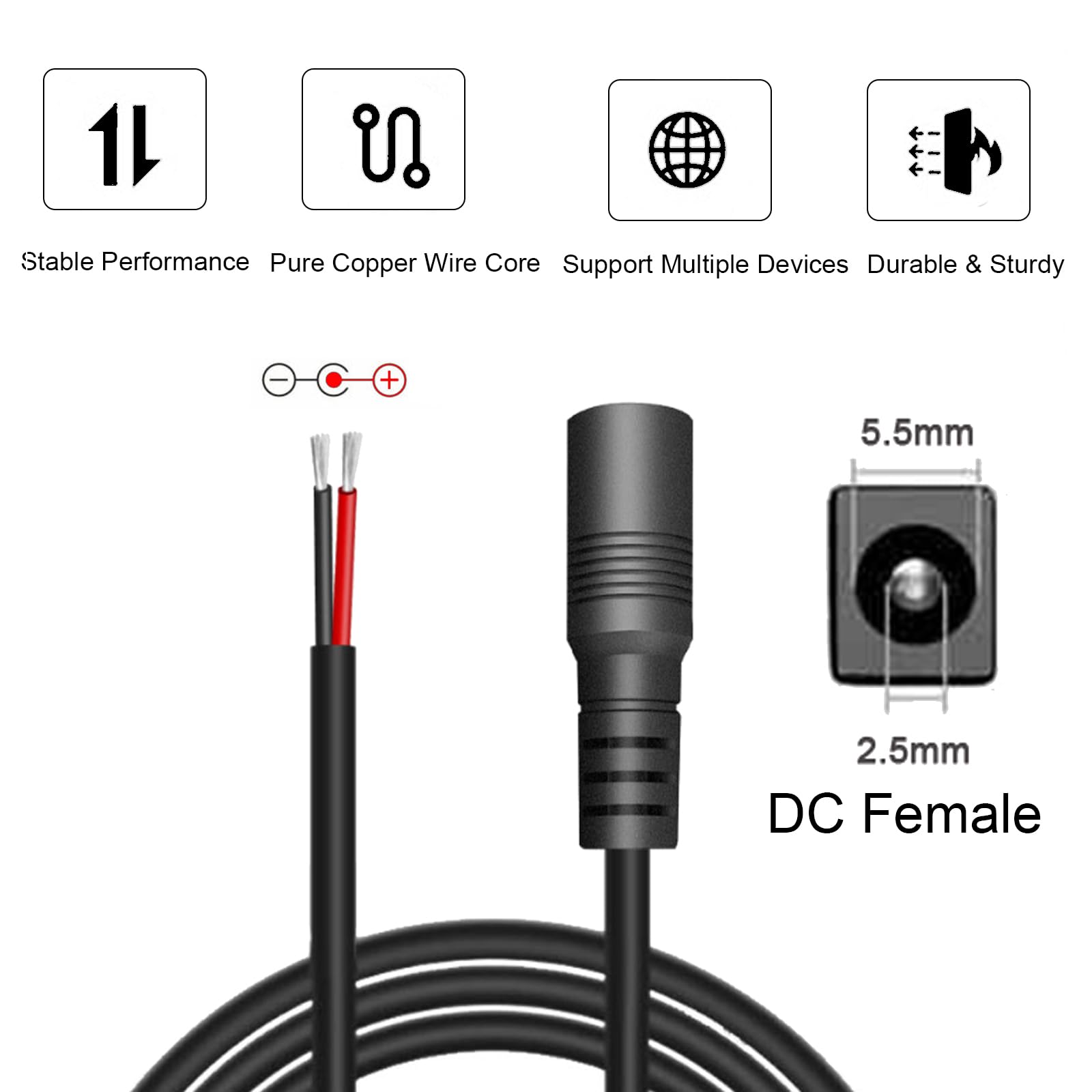 Lot de 3 câbles d'alimentation femelle 18 AWG 2,5 mm x 5,5 mm CC 1 m 7 A DC 5525 extrémité ouverte pour caméra de sécurité CCTV