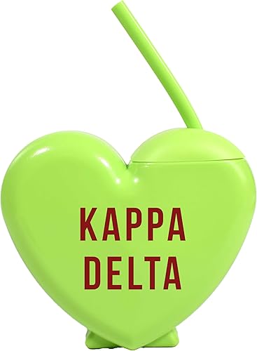 Sorority Shop Kappa Delta - Vaso con popote en forma de corazón, de 16 onzas, con tapa y popote de silicona, vaso de plástico reutilizable con