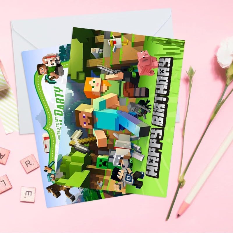 16pcs pixel Birthday lnvitation Cards Gift Cards with Envelopes for pixel Theme Party Supplies