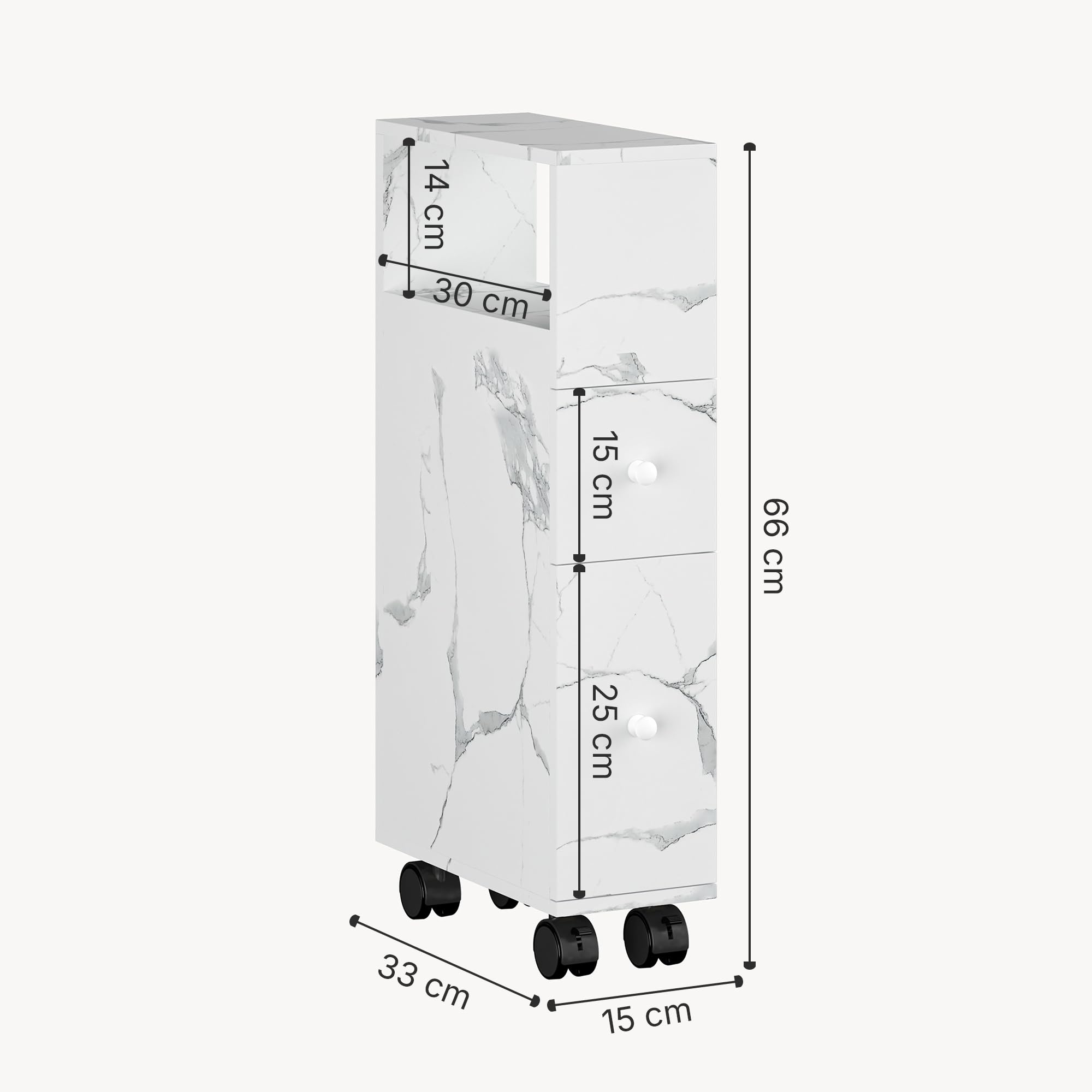 [en.casa] Mobile da Bagno Stretto a Rotelle con 2 Cassetti e Scomparto Aperto Armadietto Estraibile Multiuso per Cucina Lavanderia Ufficio 66 x 15 x 33 cm - Effetto Marmo Bianco
