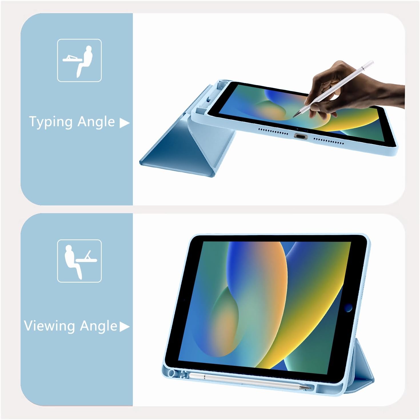 Cute Shark Bunny for iPad 10.2 Inch 7th/8th/9th Gen Case 2019/2020/2021 with Pencil Holder, Foldable Blue Leather Cover Case, Support Auto Sleep Wake