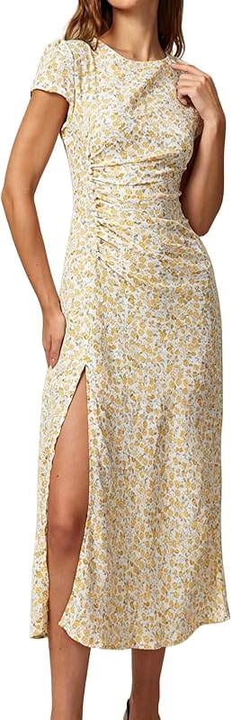 Boho Floral Midi Dress for Women - Round Neck Slit Design, Casual Beach Garden Vacation Sundress