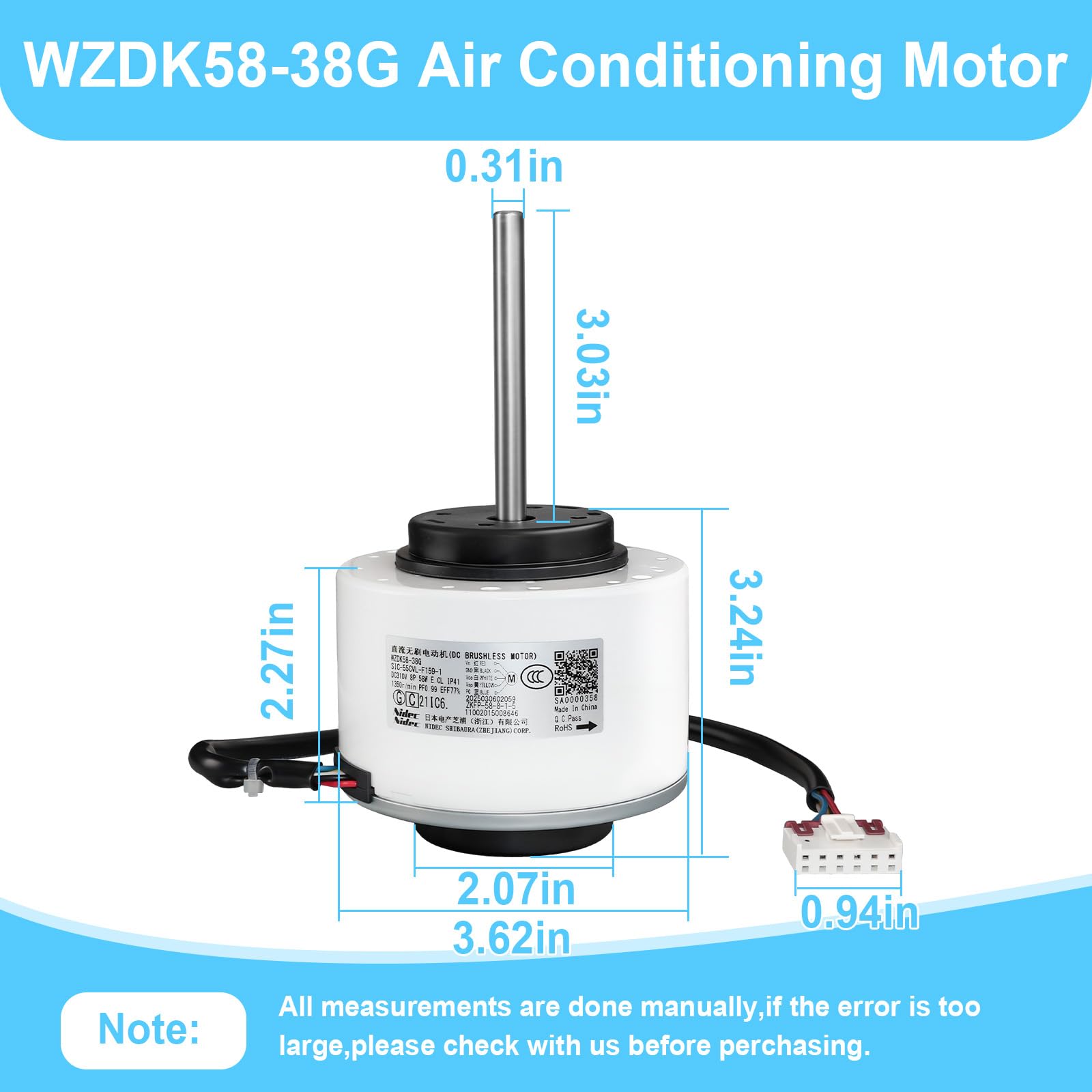 WZDK58-38G Motor de aire acondicionado compatible con Midea Inverter AC, reemplaza SIC-55CVL-F159-1 ZKFP-58-8-1-5 310V 58W 8P 1350r/min CCW 5 cables