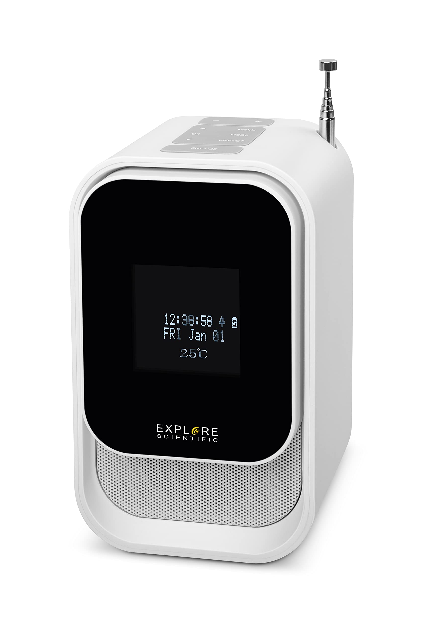 Explore Scientific BCR2001 - Radio Despertador con función Dab+, Bluetooth, Toma USB, batería Recargable, Color Blanco