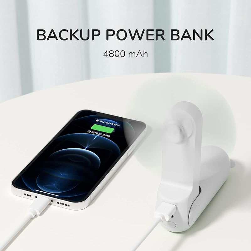 JISULIFE 3 az 1-ben Hordozható Mini Ventilátor 4800 mAh Akkumulátorral, 21 Órás Üzemidővel, Powerbank és Zseblámpa Funkcióval - Fehér