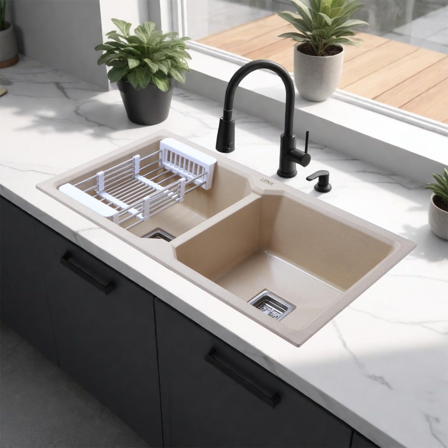 LIPKA Quartz Sand Choco Double Bowl 37x18x9 Inches Kitchen Sink | Matte Finish | Granite Quartz Sink with Waste Pipe, Sink Coupling, Double Bowl Connector & Vegetable Strainer (B0C8CP6HTS) Amazon Price History, Amazon Price Tracker
