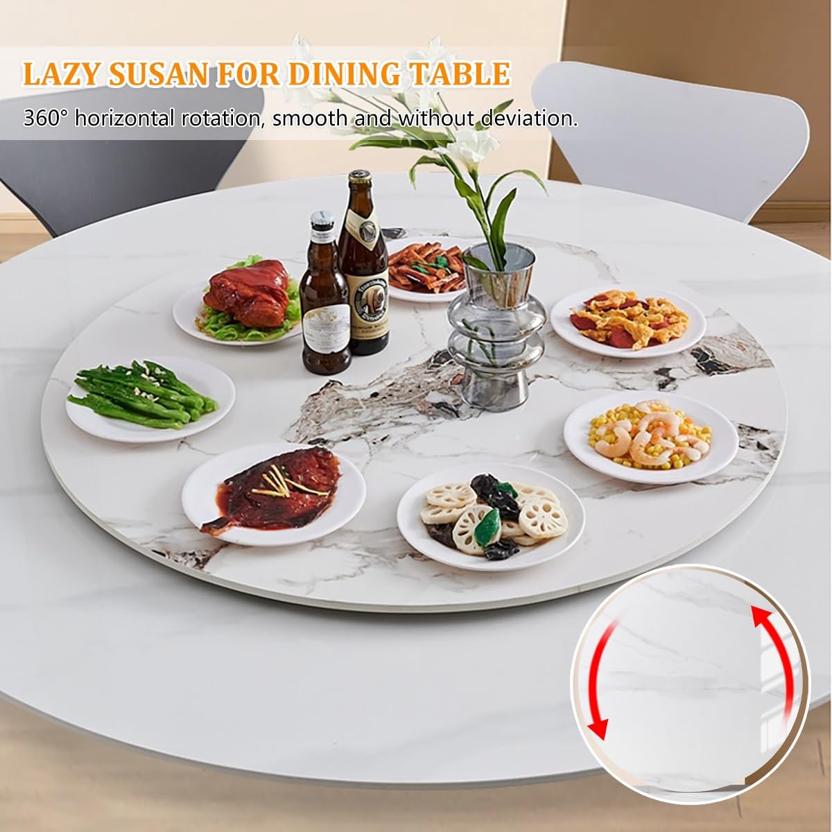 Round Lazy Susan Turntable for Dining Table 20 24 28 32 34 36 40 43 47inch Kitchen Rotating Tray, Large Lazy Susan Turntable, Marble Texture Rotating Tray, 360° Swivel Revolving Plate for Banquets(Whi