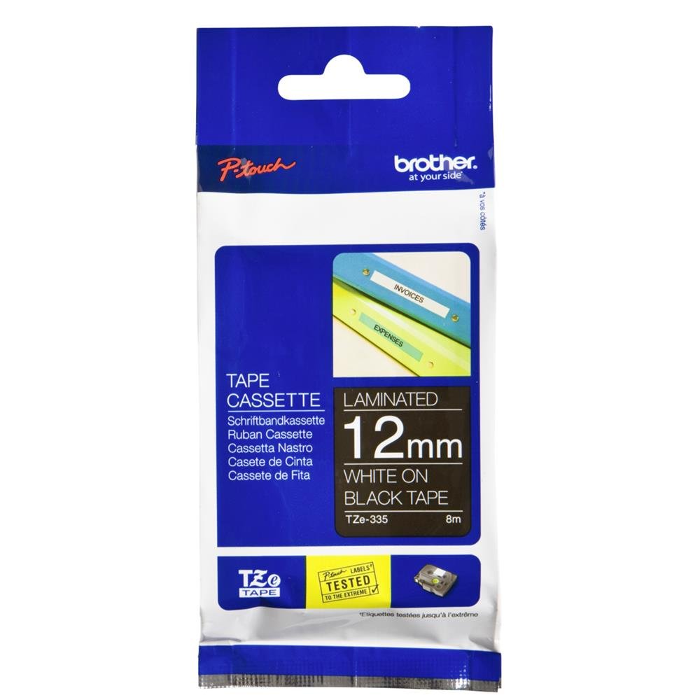 Nastro Brother TZE335 - Laminato, 12 Mm, Bianco Su Nero, Per Etichettatrici P-Touch