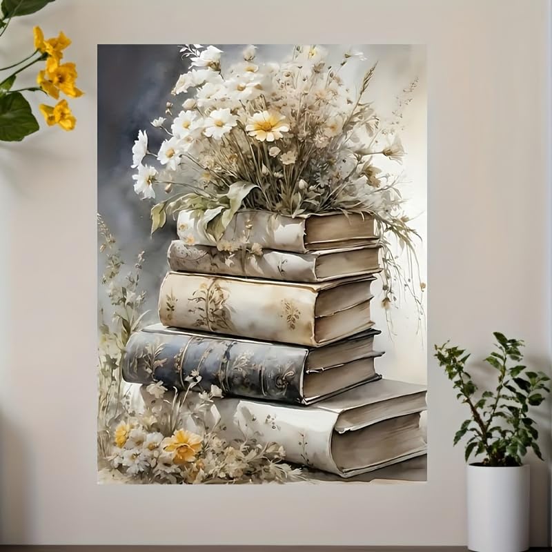 GLWDMH 1 pezzo 40 x 60 cm creativo libro e arte floreale su tela, poster artistico da parete e stampe, immagine da parete per soggiorno, camera da letto, sala da pranzo, ufficio (senza cornice)