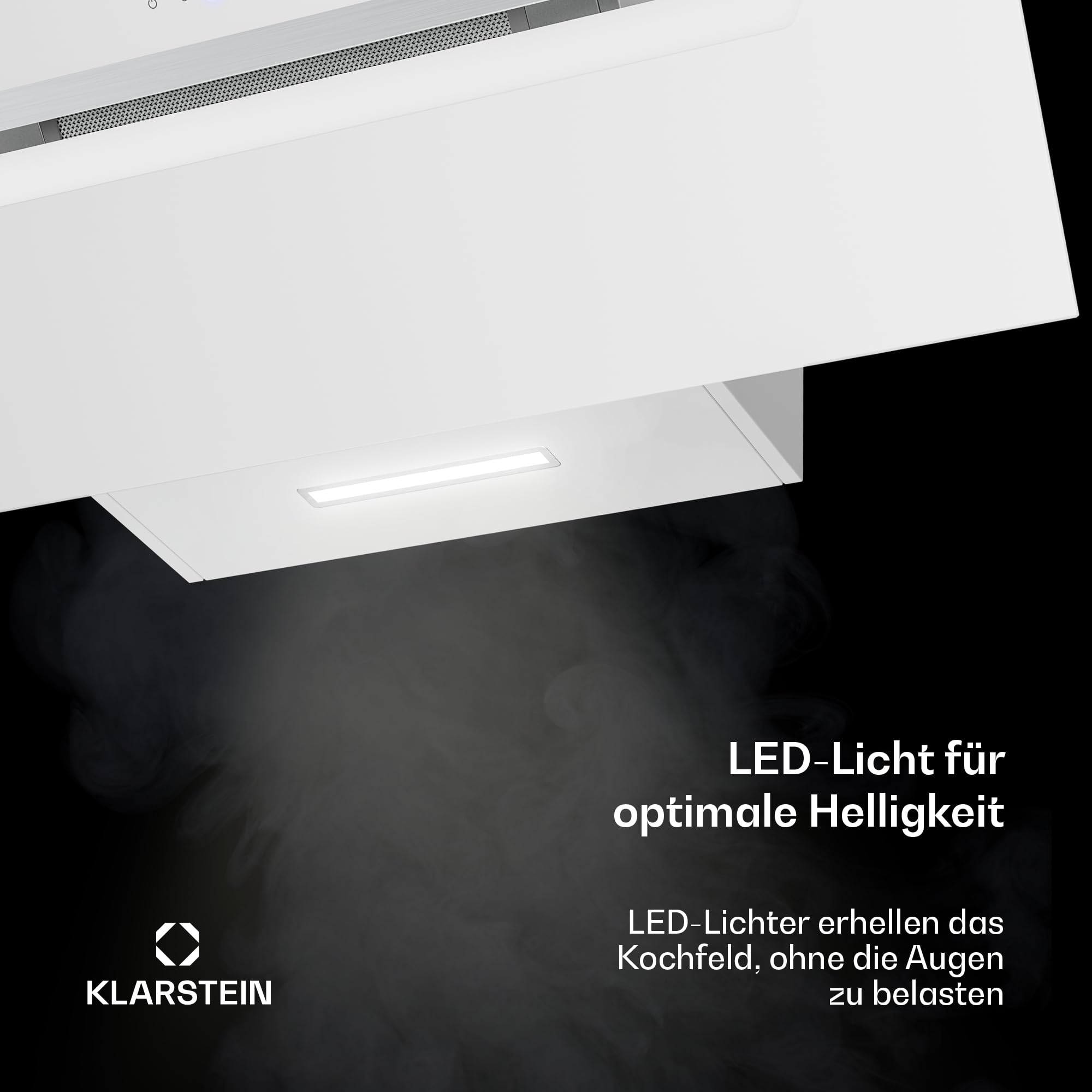 Klarstein BigBite Kopffreihaube 90 cm – Abzugshaube mit Touch-Bedienung, 417 m³/h Boost, LED-Beleuchtung, A+++ Energieeffizienz, Umluft & Abluft, Glasdesign, leise, dunstabzugshaube, Weiß