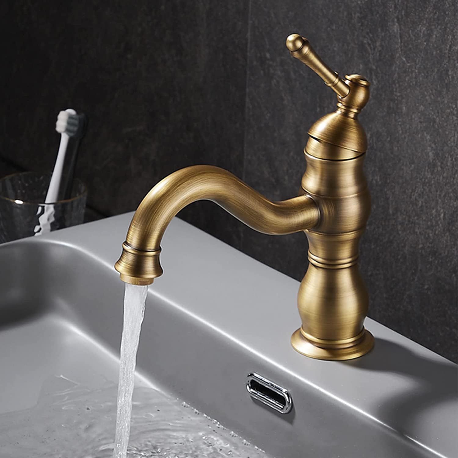 Grifo Lavabo Vintage, Puede Girar 360 ° Grifo Monomando Lavabo, Grifo Baño Lavabo de Latón, Solo Agujero Grifo de Lavabo Baño Antiguo con Aireador, Acabado Dorado Estéril