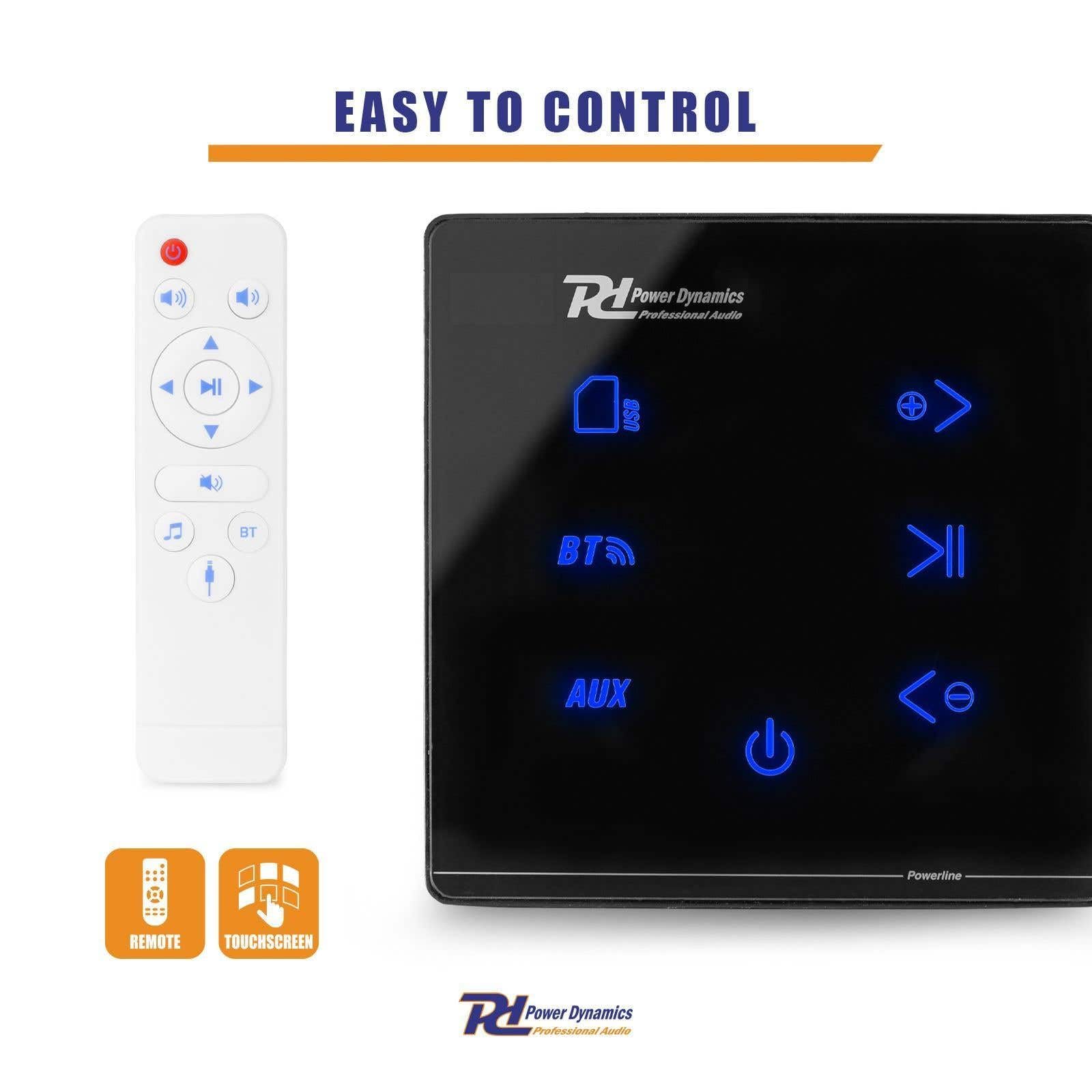 Power Dynamics Powerline A50B Amplificateur Audio Mural 2X 20 Watts, Récepteur sans Fil Bluetooth, USB et Micro SD, Écran Tactile, Livré avec Télécommande, Idéal pour Sonorisation de la Maison