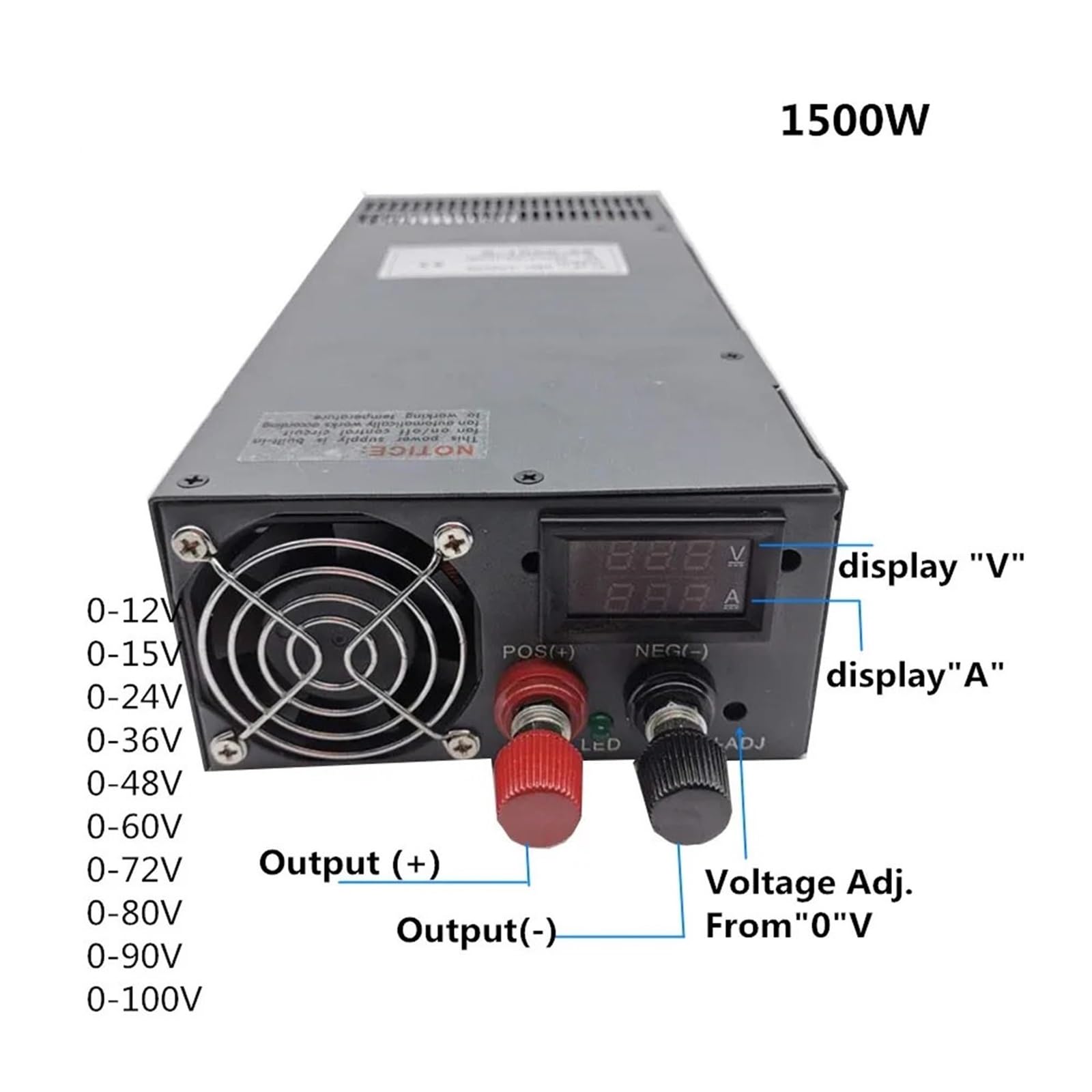 Industrie-Netzteil 0–12 V, 15, 24, 36, 48, 60, 72, 80, 90, 100, AC/DC mit LED-Anzeige, 1000 W, 1200, 1500(380V-0-12V)