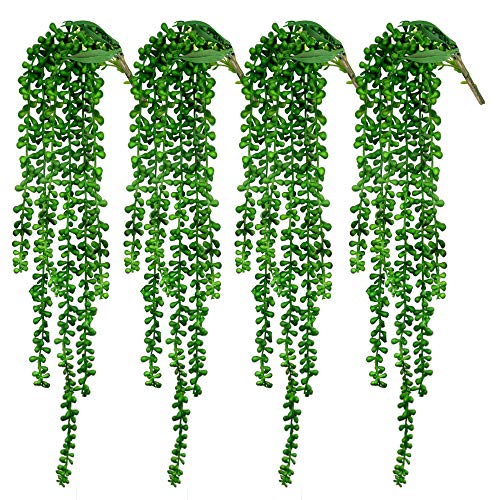 CEWOR 4pcs Artificial Succulents Hanging Plants Fake String of Pearls for Wall Home