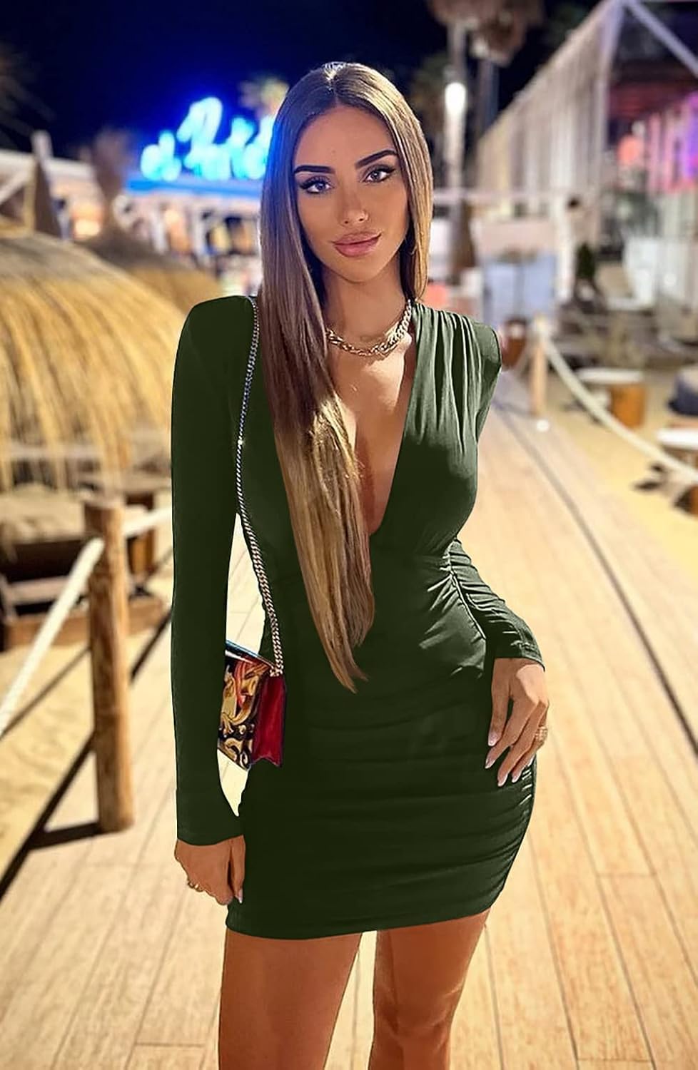 GOBLES Women's Sexy Long Sleeve V Neck Ruched Bodycon Mini Party Cocktail Dress - Image 4