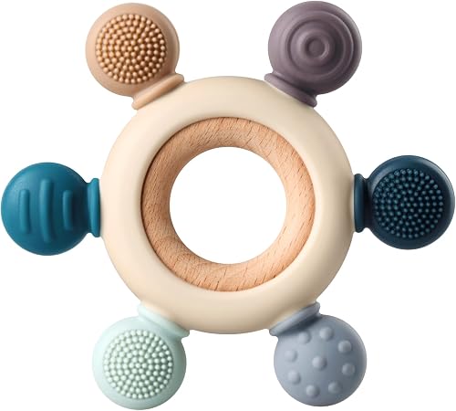 Baby Teething Toys, Silicone Chewable Teethers with Wooden Ring for Soothing Babies Gums, Rudder Chewers Shower Gift for lnfants & Toddlers, 4+ Months (6 Directions, Gray)