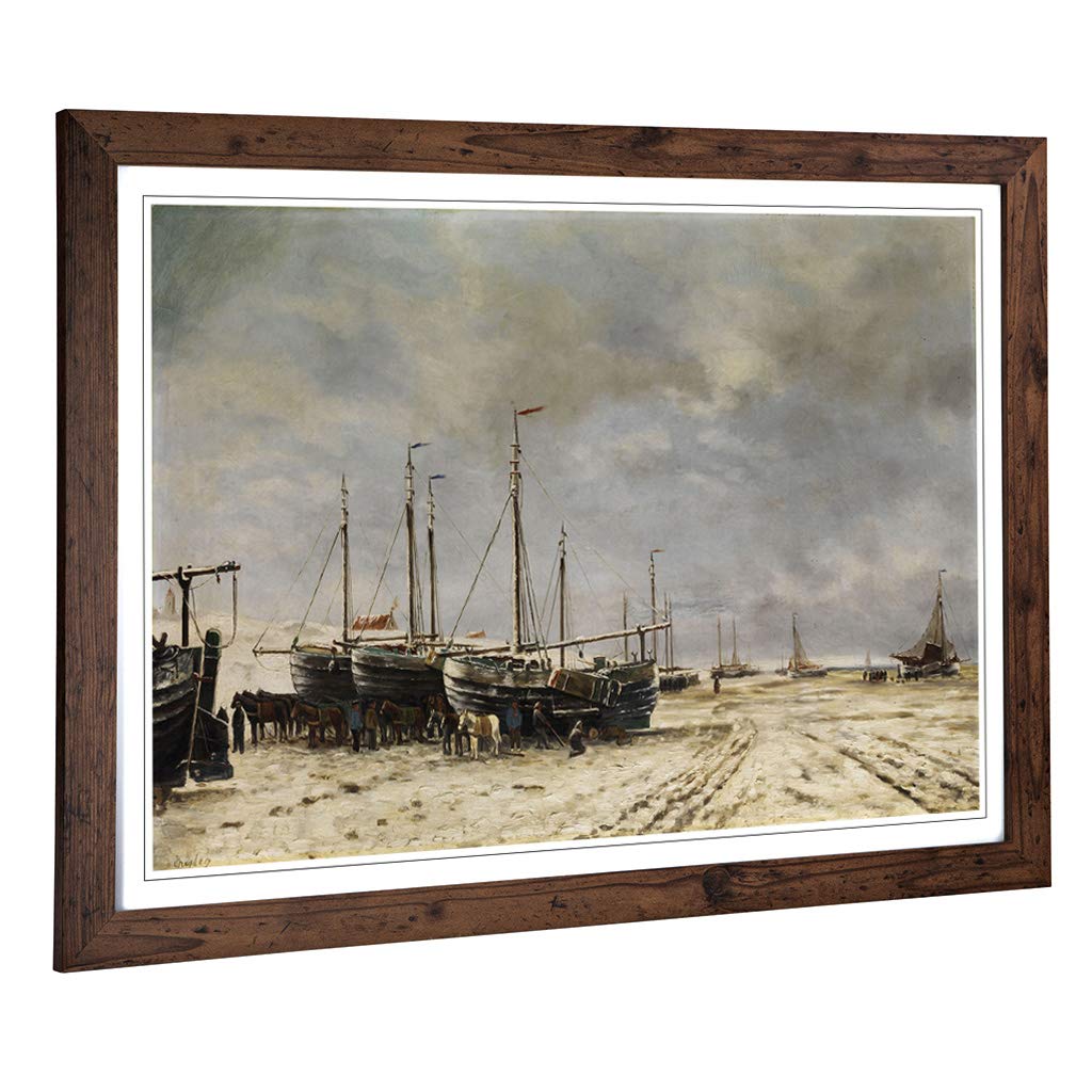Big Box Art Framed Print of Hendrik Willem Mesdag Boats and Tide Design | Wall Art Picture | Home Decor for Kitchen, Living Room, Bedroom, Hallway, Walnut, A2 / 24.5x18 Inch / 62x45cm