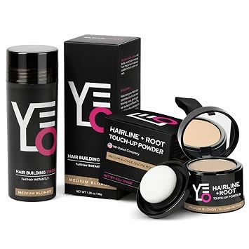 VELO Hairline Powder + Hair Building Fibers Bundle Root Touch Up Powder & Hair Fibers Covers Gray Roots, Bald Spots & Hairline Gaps Fuller-Looking Hair for Women & Men, MEDIUM BLONDE