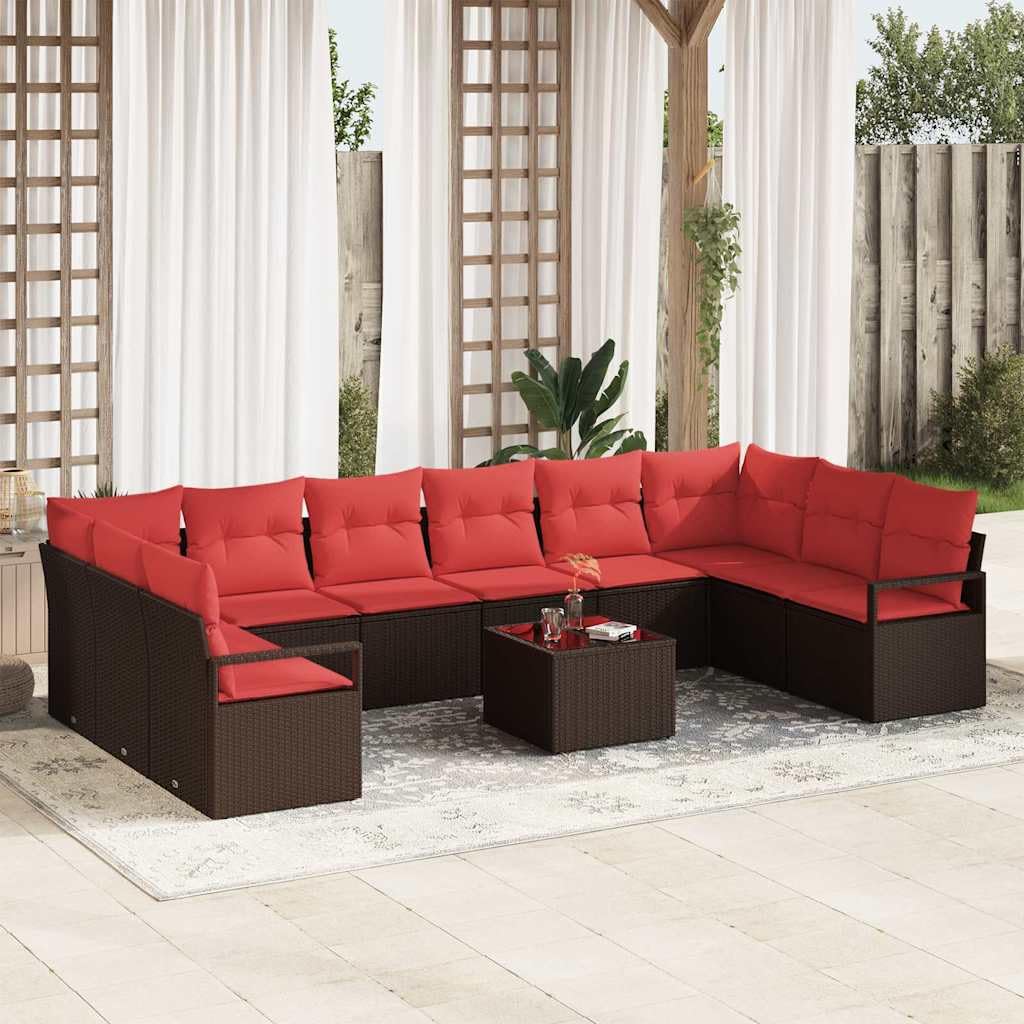 Generisch Gartensofa-Set 11 STK. Braun und Rot Poly-Rattan,Gartensitzmöbel,91.4kg-3355243