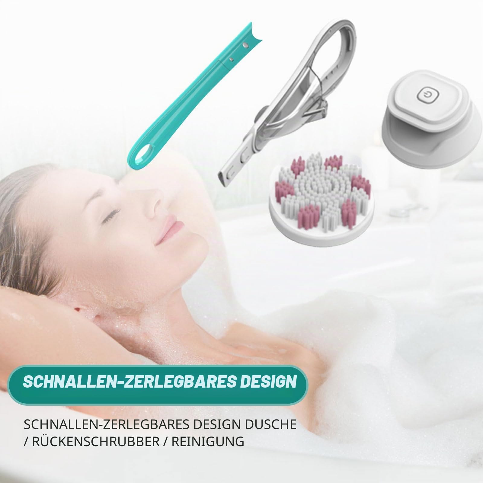 Elektrische Duschbürste,Körperbürste Rückenbürste mit Langer Griff,Rückenbürste Dusche Massagebürste mit 6 Reinigungsköpfen,Elektrisch Duschbürste Badebürste für Spa Dusche Peeling Massagebürste(Blau)
