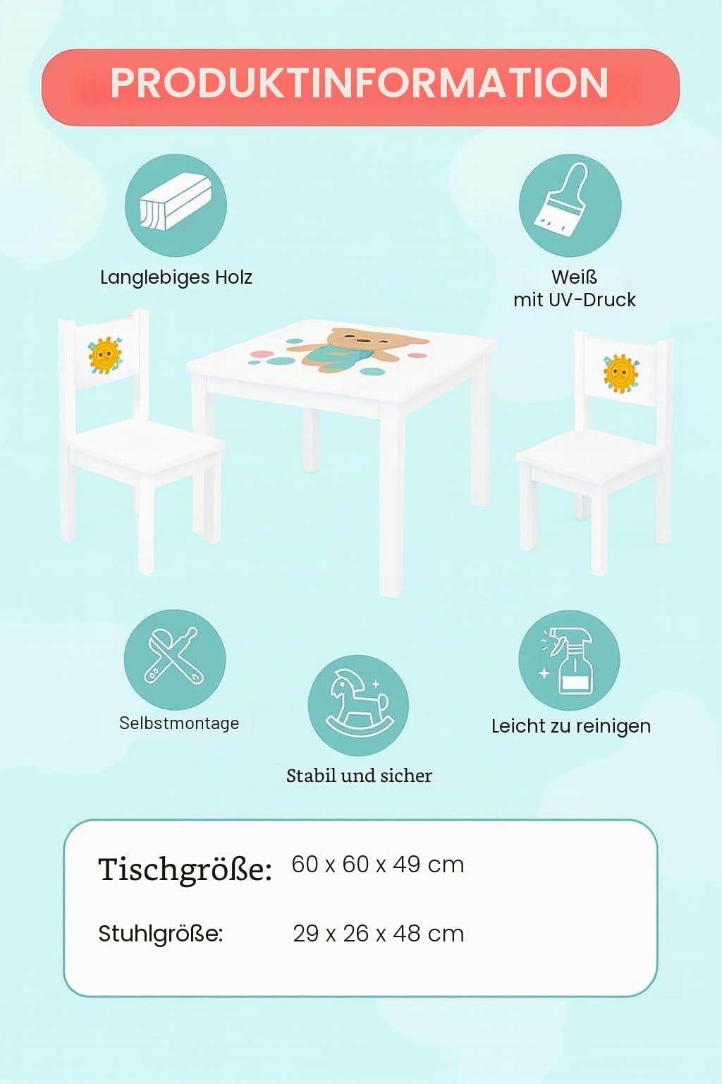 Leomark Kindertisch und 2 Stühle aus Holz – Modell Weiß YETI – Kinder Sitzgruppe mit Tisch und Stühlen, stabile und Pflegeleichte Tischgarnitur, perfekte Spiel- und Lernmöbel, Höhe 49 cm