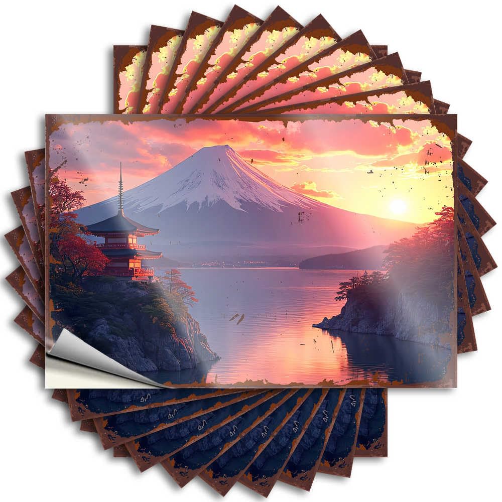 Quote - Coastal Window Sunset Over Mount Fuji with Traditional Japanese Pagoda for Man Must(12X18CM)