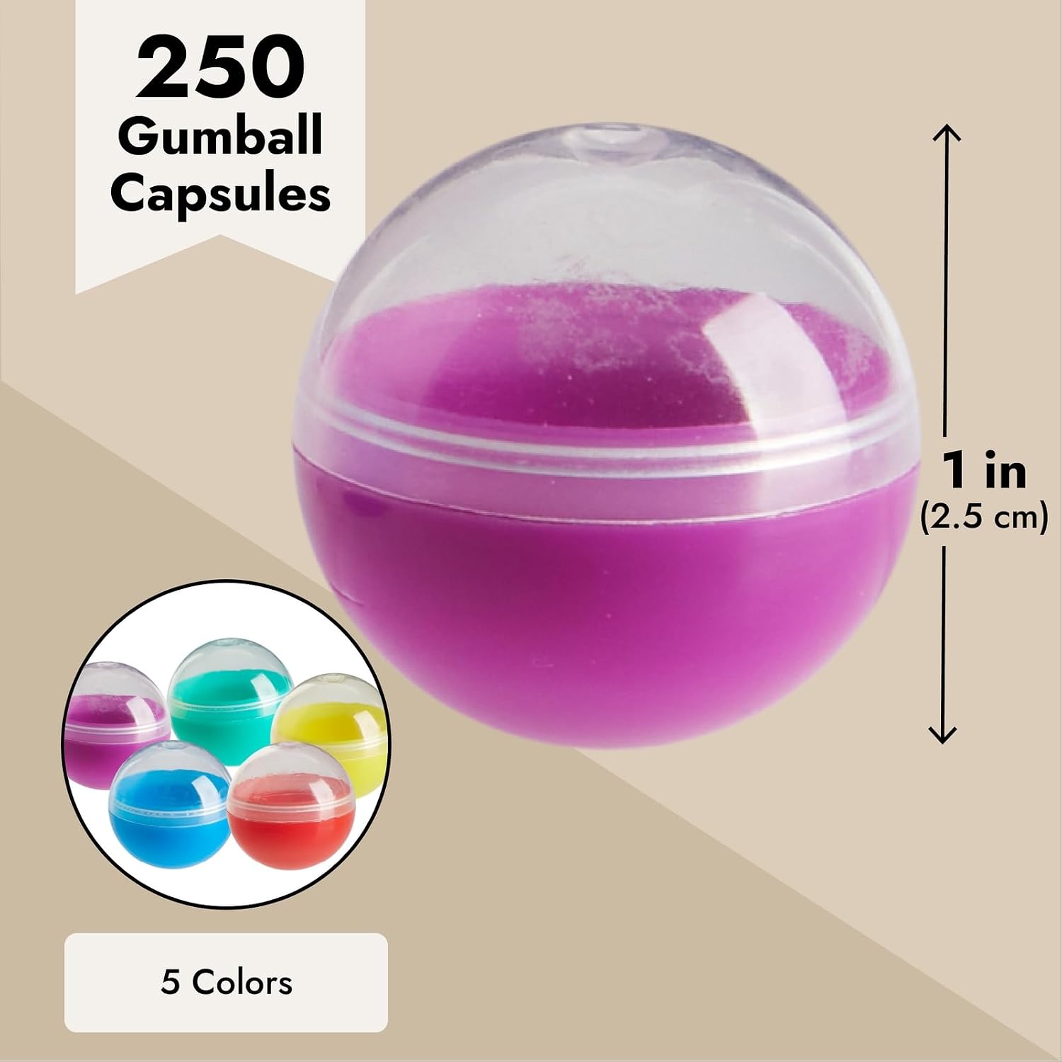 Blue Panda 250 Pack Vending Machine Capsules, 1 Inch Gumball Prize Capsules - Assorted 5 Colors - Perfect for Gumball Machines, & Arcade Prizes