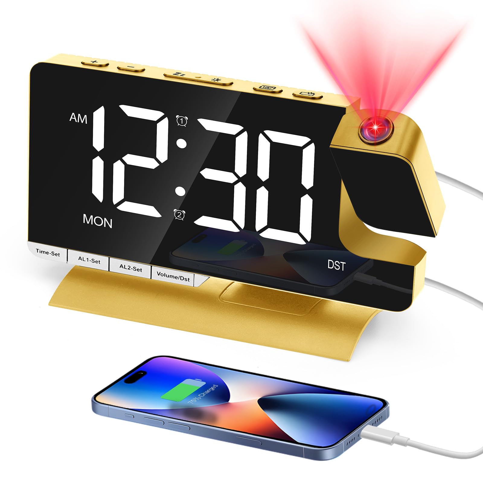 Venchin Projector Clocks for Bedrooms: Daul Alarm Digital Clock Bedside 9-Mins Snooze 12H/24H DST USB Charging Port 7.3" LED Mirror Surface Mains Powered - Gold